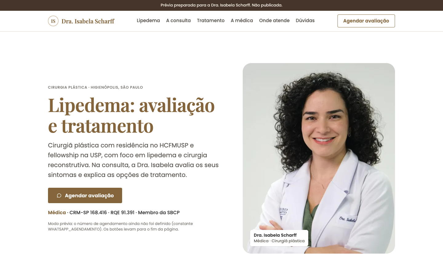 Primeira dobra da prévia do site de lipedema
